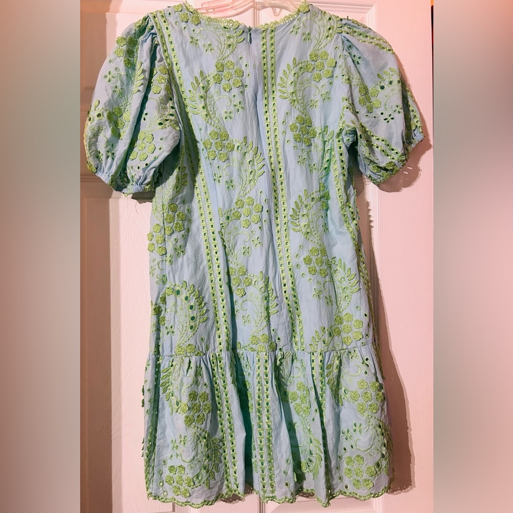 Melloday Light Blue & Green Embroidered Puff Sleeve Eyelet Dress XS VGUC - Picture 3 of 3